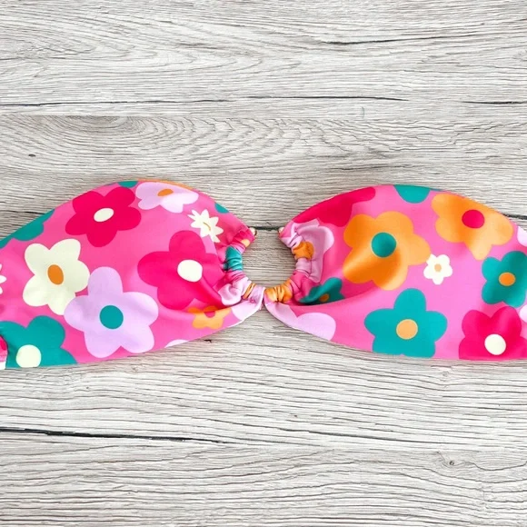 2/$30 bandeau pink floral bikini top with ring detail - Picture 1 of 4